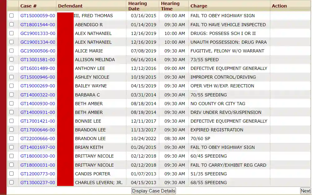 A screenshot of the search results from the Grayson County General District Court displays a list of cases, including case no., defendant, hearing date/time, charge and action.