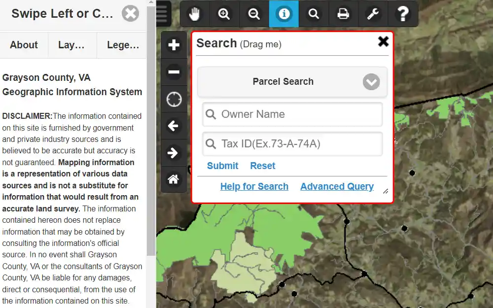 A screenshot of the Geographic Information System (GIS) allows users to obtain information about a property in Grayson County, VA, including tax information.