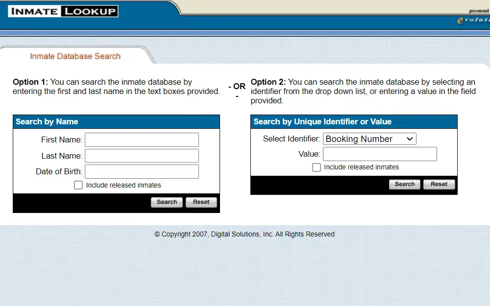 A screenshot of the inmate lookup provided by the New River Valley Regional Jail displays two search options: Search by Name or Search by Unique Identifier or Value.