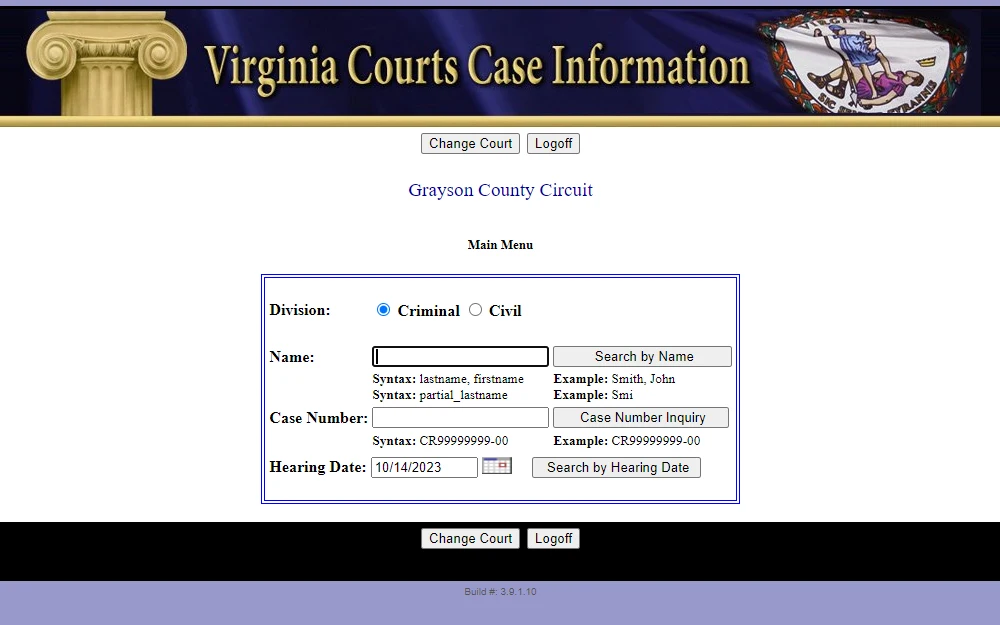 A screenshot of the Grayson County Circuit Court case search page requires the user first to select a division (criminal/civil), then input the name or case number to search.