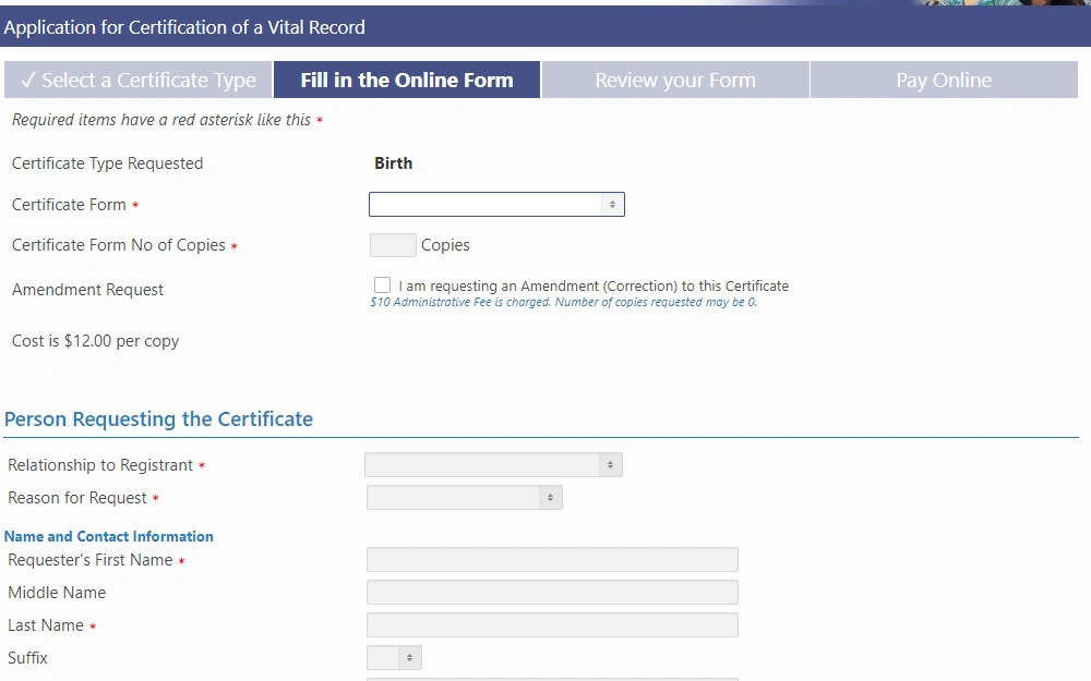A screenshot of the online application form for the request of birth documents from the Virginia Department of Health requires requesters to input information in all fields marked with an asterisk (*).