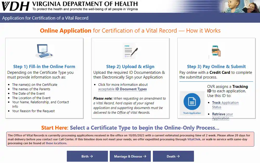 A screenshot of the Virginia Department of Health website displays the steps to obtain vital documents: Step 1 - Fill in the online form, Step 2 - Upload & eSign and Step 3 - Pay Online & Submit.