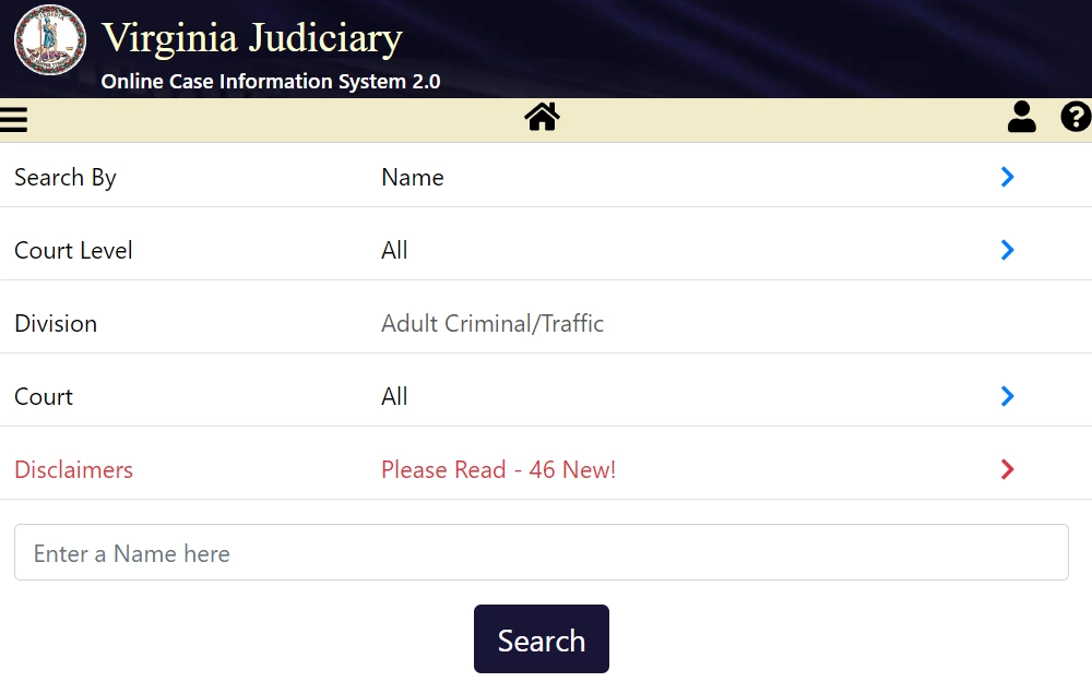 A screenshot of the Online Case Information System 2.0 from the Virginia Judiciary website requires users to select the type of search, court level, division and court from the dropdown to proceed with the search.