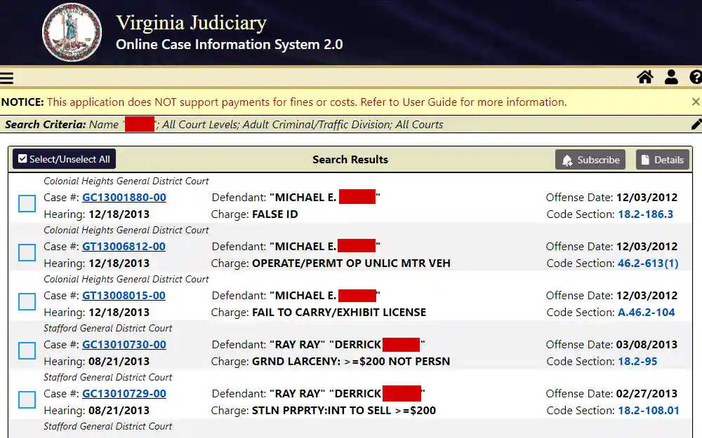 A screenshot shows the search results on the Virginia Judiciary page displaying the list of cases, including case no., hearing date, defendant, charge and offense date; a link to case no. is attached to view more details.