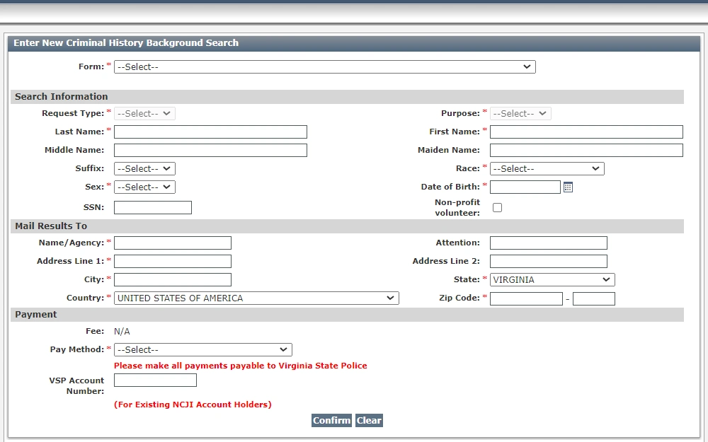 A screenshot of the Criminal History Background Search page provided by the Virginia State Police requires requesters to input information in the required fields (denoted by "*").