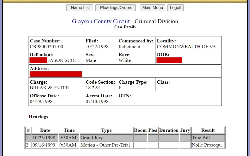 Screenshot of a case detail from the search results of criminal cases in Grayson County Circuit Court listing the defendant's name, case number, hearing dates, charge, and other personal details.