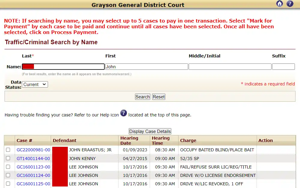Screenshot of the case search by name tool and results from the online case information system of Grayson General District court with fields for name and data status, and the results listing case number, defendant name, hearing information, and charge.