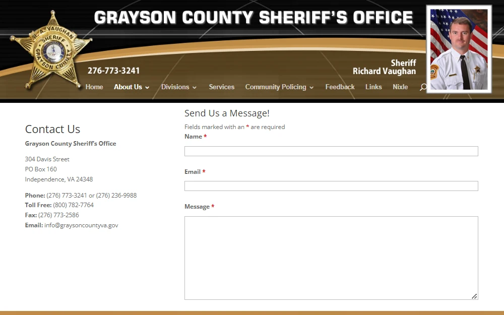 Screenshot from the sheriff's office of Grayson county displaying their contact information and form with required fields for name, email, and message.