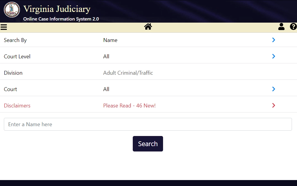 Screenshot of the statewide search tool for criminal cases in Virginia showing the search by name feature with drop down menus for search type, court level, case type, and court location.