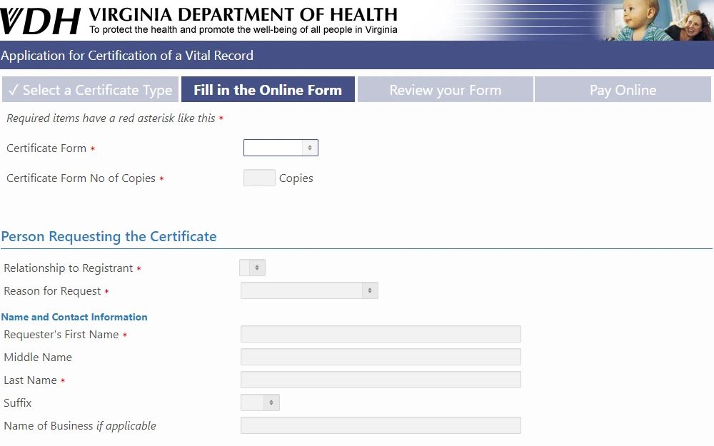 A screenshot of the online order form for vital records from the Virginia Department of Health displays fields for the form of certificate, number of copies, and requester's information, including relationship to the registrant, reason for request, and name, among others.